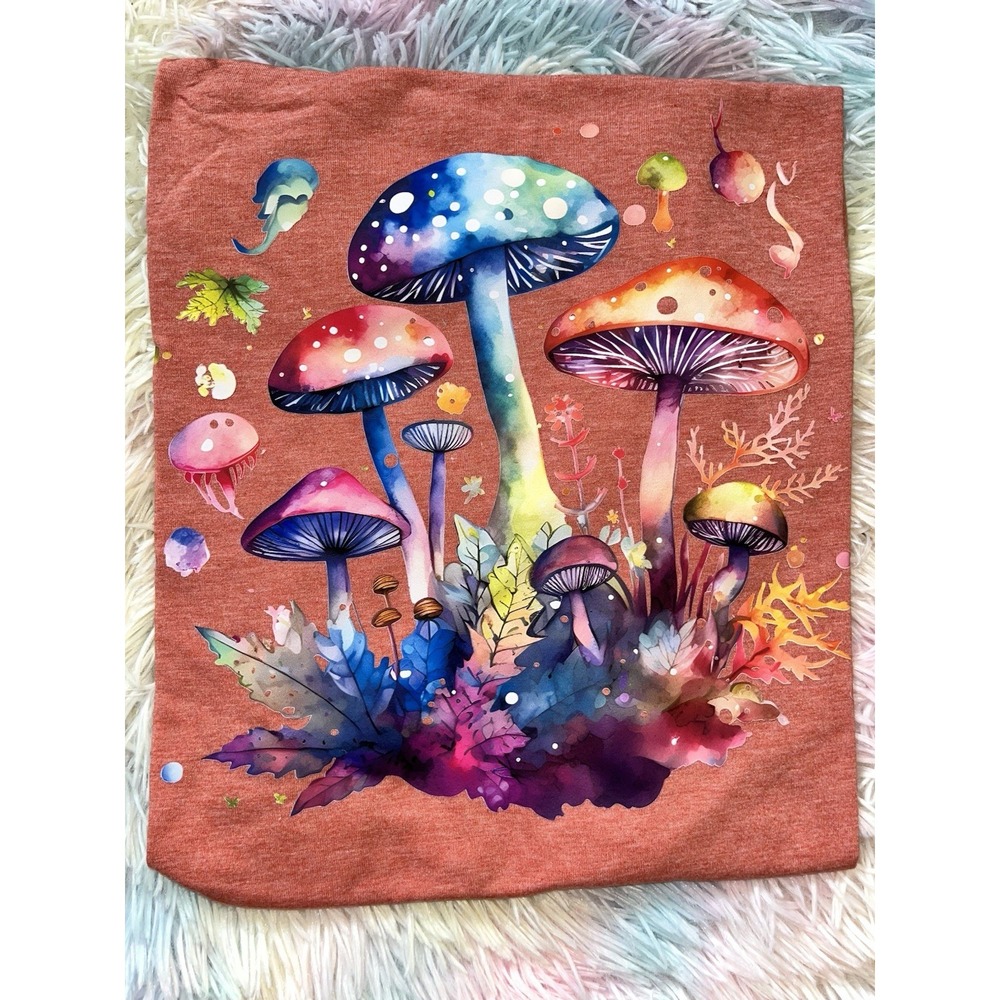 Women's Graphic Tee Rainbow Mushrooms LARGE New